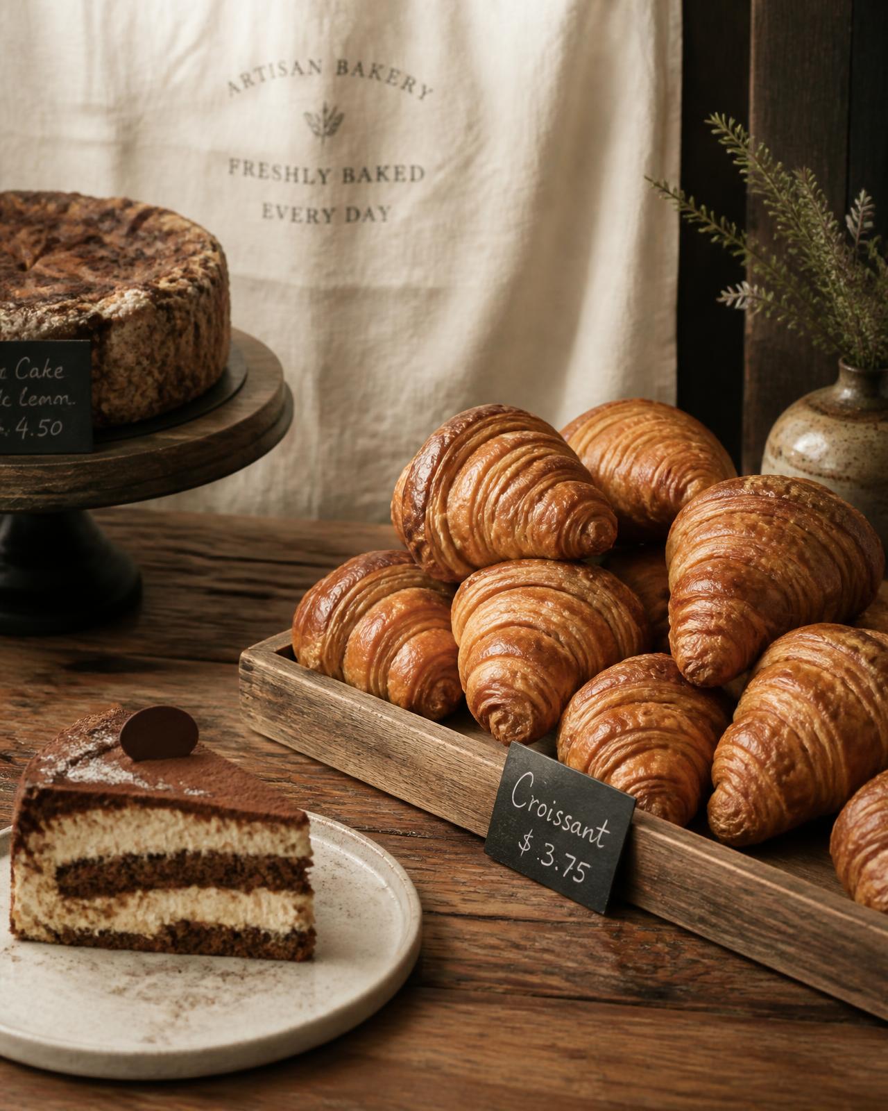 Freshly baked croissants and cake on a wooden bakery counter