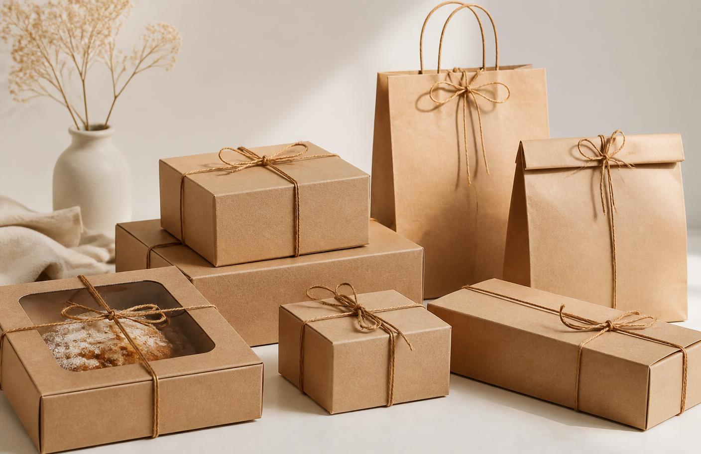 Kraft bakery boxes and paper bags tied with twine